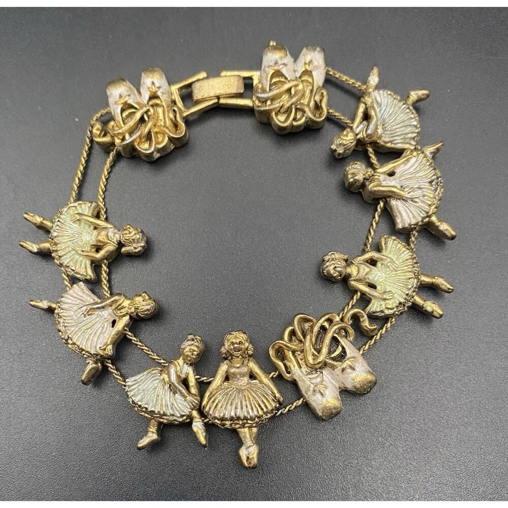 Vtg Ballerina Slide Charm Bracelet Ballet Dance Slippers Silver Wash Gold Tone